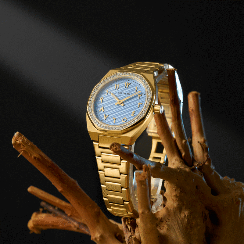 Sky Blue De Paris Diamond Gold with Arabic Numbers size 34mm