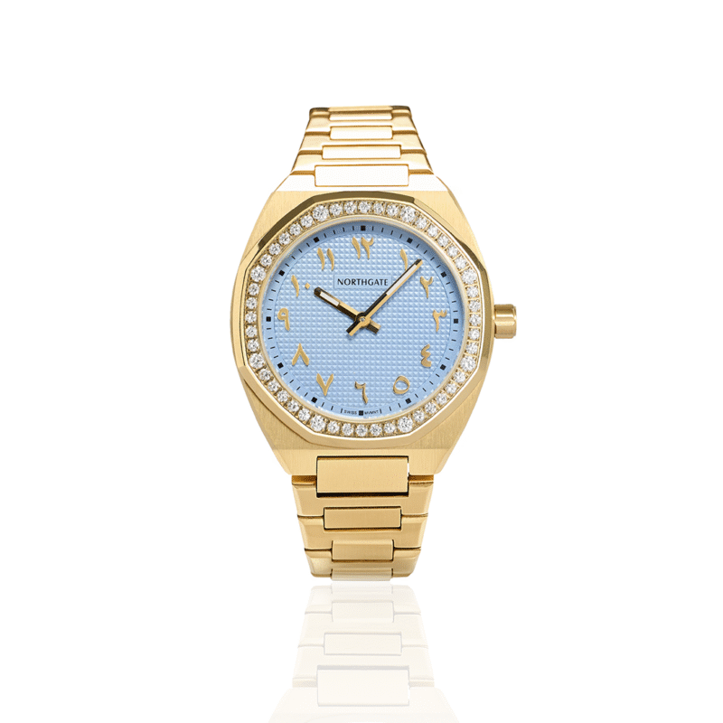 Sky Blue De Paris Diamond Gold with Arabic Numbers size 34mm - Image 2